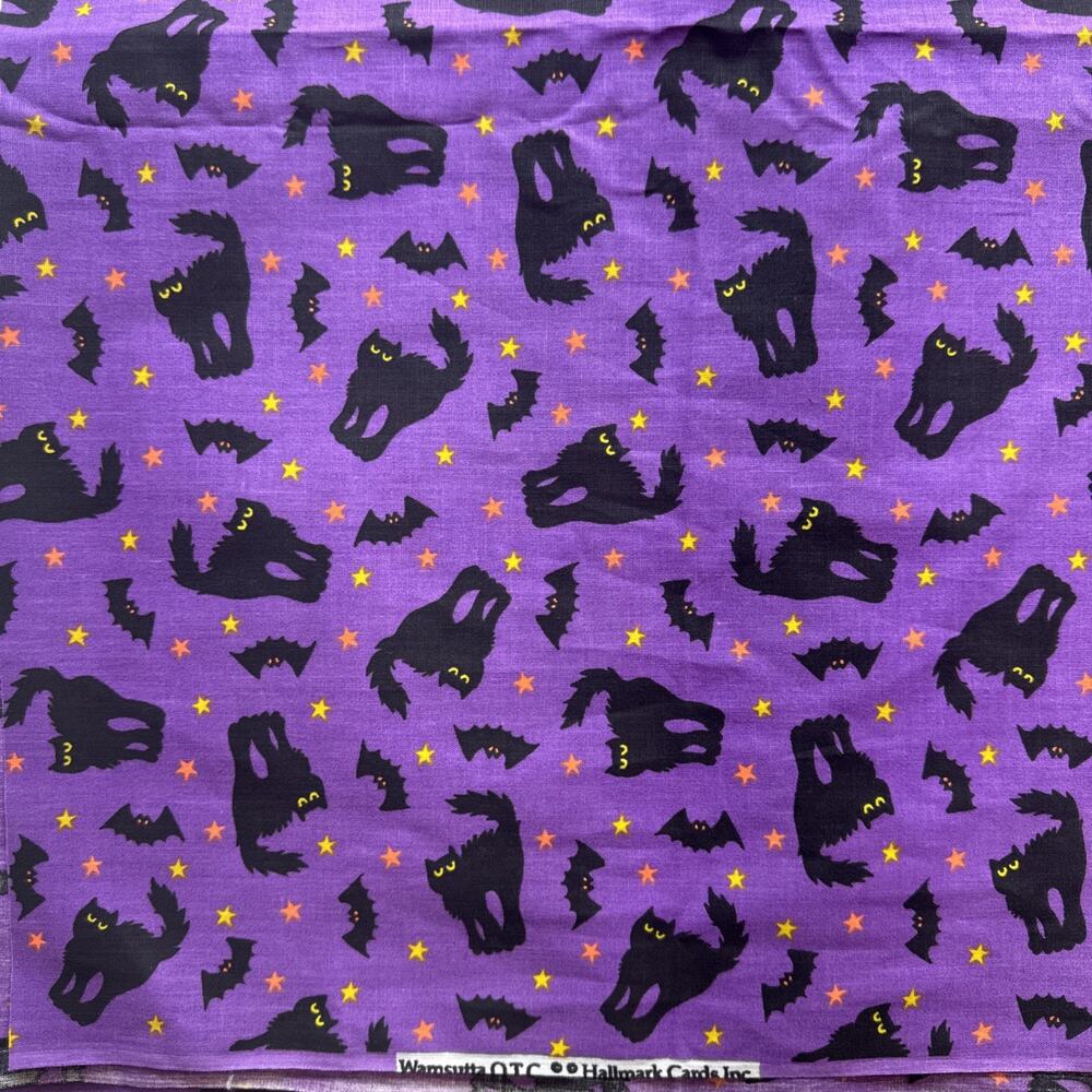 Vtg Wamsutta Hallmark Halloween Black Cat Bat Purple Cotton Fabric 46x45 Cut